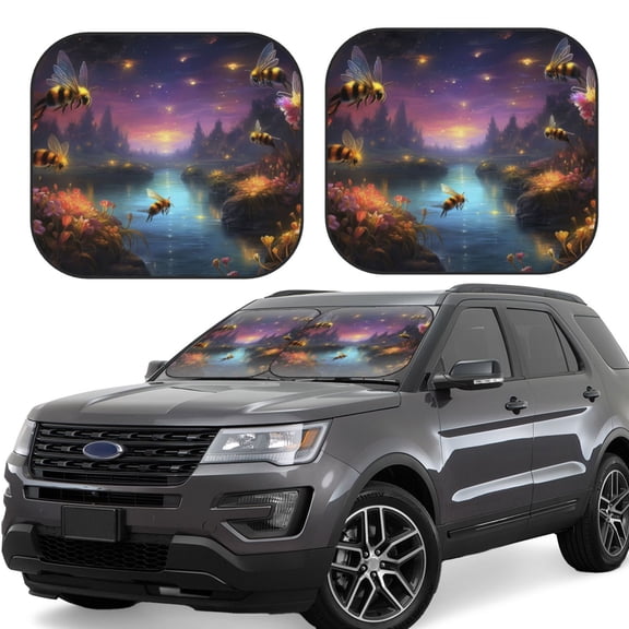Gukieu Magical Bees Twilight River Print Car Windshield Sun Visor, Foldable Anti-UV Car Sun Visor Suitable for Vans, Trucks Car Accessories-Small