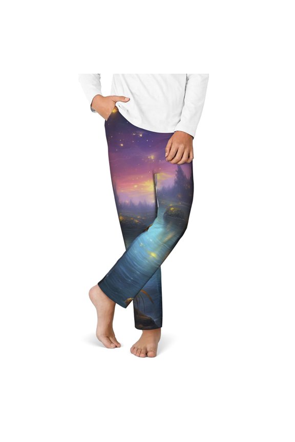 Magical Bees Twilight River Print Youth Home Trousers, Elastic Waistband with Pockets for Home and Outing, Suitable for Children Aged 5-16-XS(5-6)