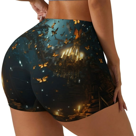 Gukieu Magical Library Butterfly Night Print Women's Sports Shorts, Elastic Waist High Stretch Running Yoga Gym Sweatpants-Small