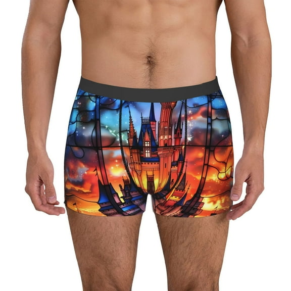 Gukieu Magical Stained Glass Castle Print Men's Boxer Briefs, High Elastic Moisture Wicking Boxer Briefs Underwear-XX-Large