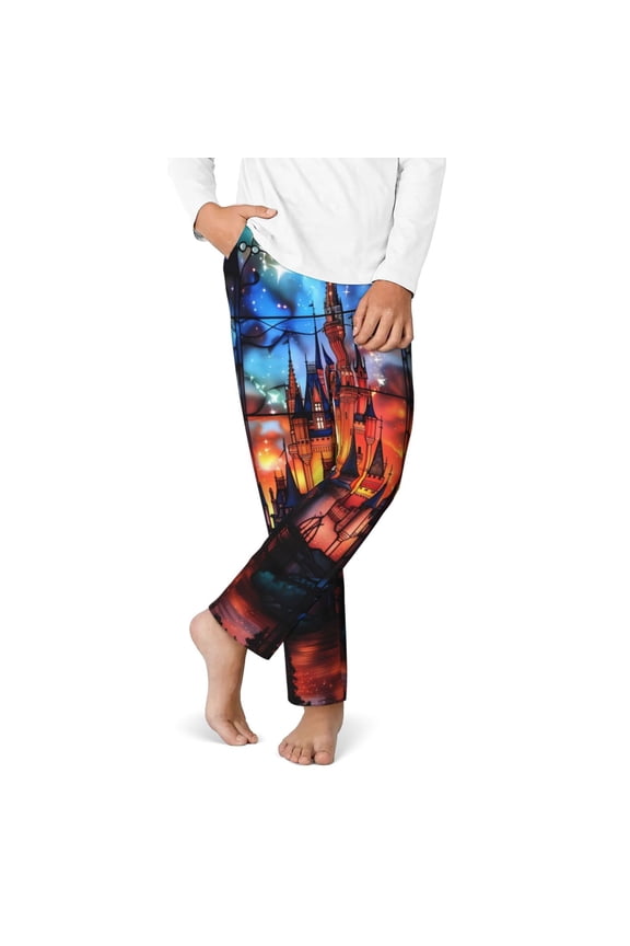 Magical Stained Glass Castle Print Youth Home Trousers, Elastic Waistband with Pockets for Home and Outing, Suitable for Children Aged 5-16-Small