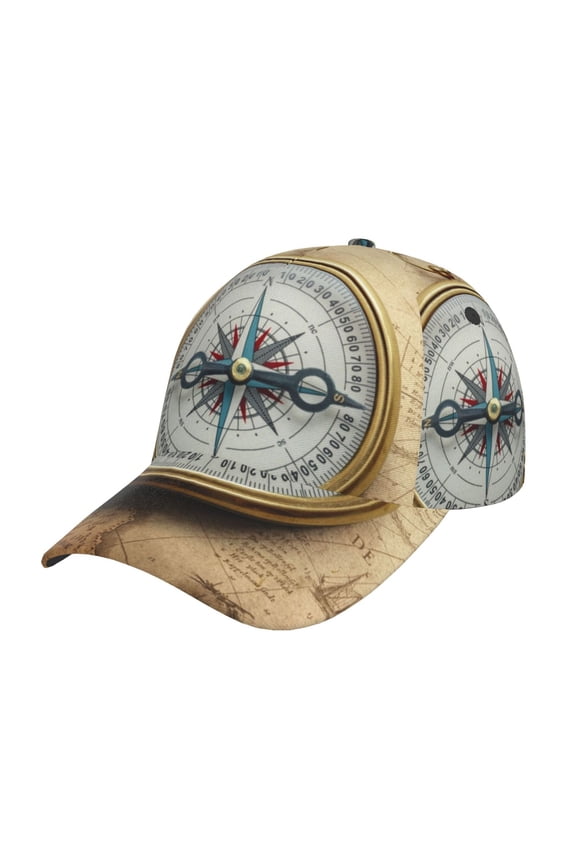 Magnetic Old Compass On World Map Prin Baseball Cap, Adjustable Sweat-wicking Daily,Travel, Sports Cap, Unisex