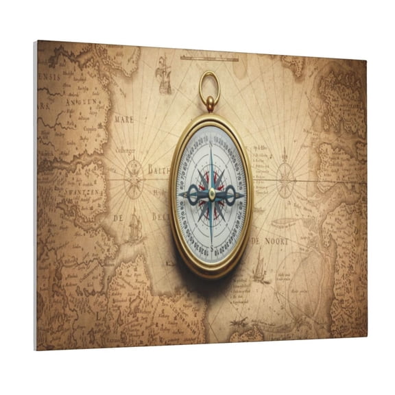 Gukieu Magnetic Old Compass On World Map Print Canvas Decorative Hanging Painting, Waterproof Art Wall Decoration with Frame, Suitable for Living Room, Bedroom