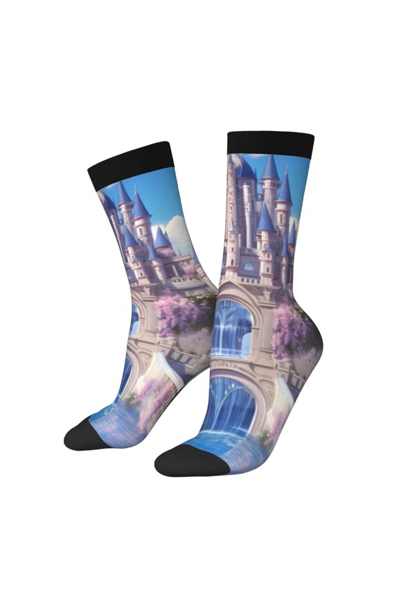 Majestic Fantasy Castle Print Contrast Color Mid-calf Socks, Sweat-wicking Athletic Socks, Unisex Clothing Accessories