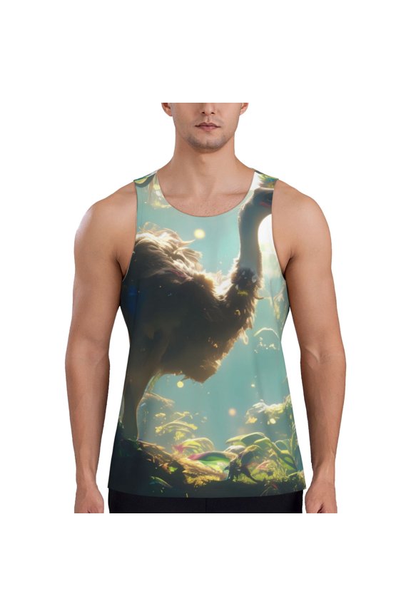 Majestic Ostrich In Forest Print Men's Quick Dry Fitness Vest, Round Neck Sleeveless Fitness Bodybuilding Top-XX-Large