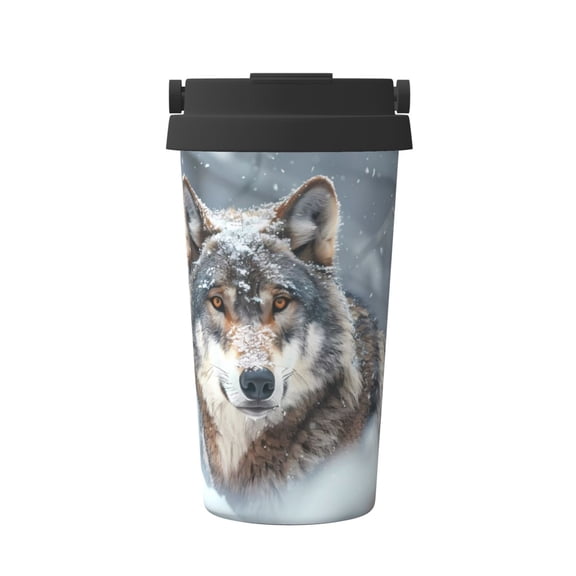 Gukieu Majestic Snowy Wolf Print Insulated Coffee Cup, Portable Stainless Steel Vacuum Cup with Lid, Unisex, Suitable for Office, Cafe, Car
