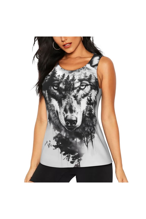 Majestic Wolf Landscape Print Women's Quick-drying Fitness Vest, Round Neck Sleeveless Fitness T-shirt, Suitable for Yoga, Sports-Medium
