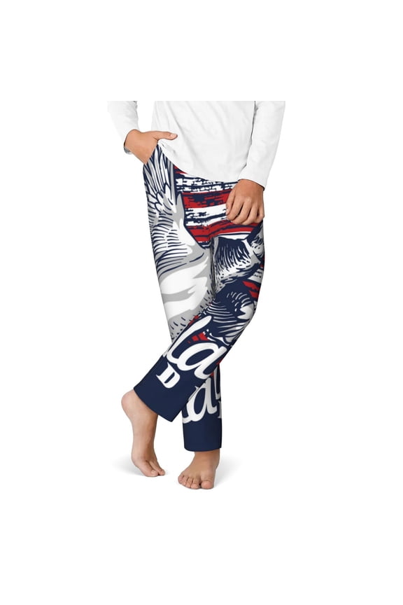 Mallard Duck With American Flag Print Youth Home Trousers, Elastic Waistband with Pockets for Home and Outing, Suitable for Children Aged 5-16-Large