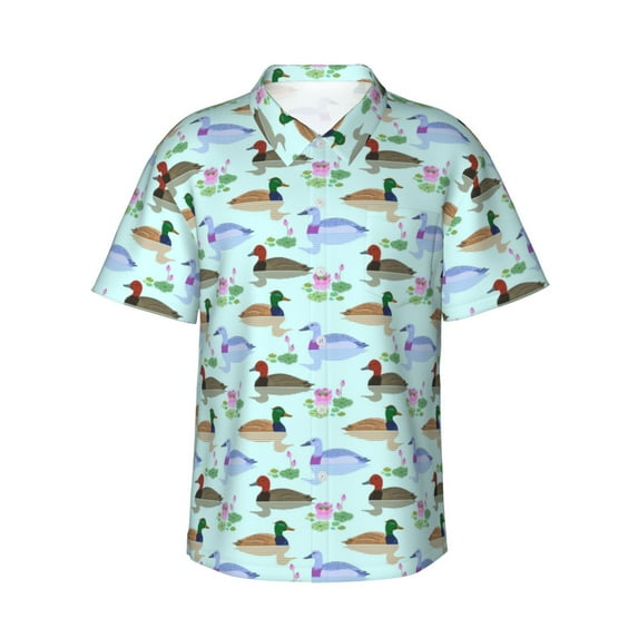 Gukieu Mallard Duck Of Lotus Flowers Print Men's Short-sleeved Shirts, Button-down Lapel Hawaiian Shirts, T-shirts, Beach Vacation Summer Casual Wear,Medium