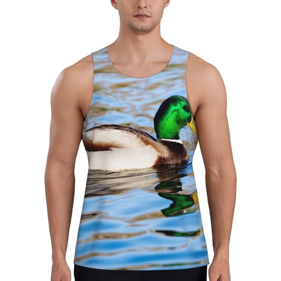 Gukieu Mallard Duck Swimming In A River Print Men's Quick Dry Fitness Vest, Round Neck Sleeveless Fitness Bodybuilding Top-Large