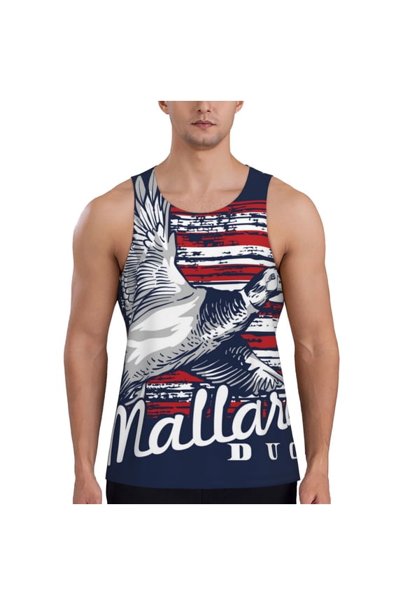 Mallard Duck With American Flag Print Men's Quick Dry Fitness Vest, Round Neck Sleeveless Fitness Bodybuilding Top-X-Large