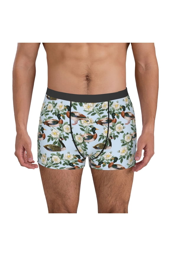 Mallard Ducks And Roses Print Men's Boxer Briefs, High Elastic Moisture Wicking Boxer Briefs Underwear-Large