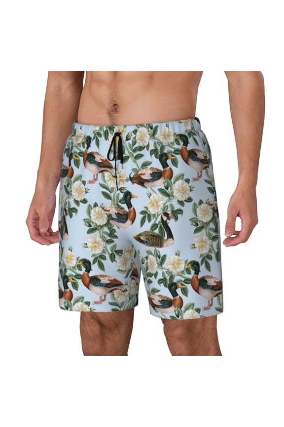 Mallard Ducks And Roses Print Men's Double Layer Sports Swim Trunks, Quick Dry Adjustable Waist Swim Shorts Swimwear-Medium
