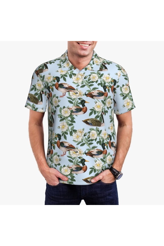 Mallard Ducks And Roses Print Men's Quick-drying POLO Shirt, Button-down Summer T-shirt, Suitable for Work and Outdoor Activities-Small