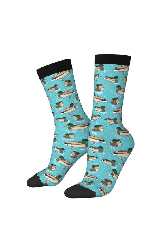 Mallard Ducks Swimming In The Lake Print Contrast Color Mid-calf Socks, Sweat-wicking Athletic Socks, Unisex Clothing Accessories