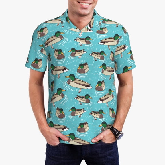 Gukieu Mallard Ducks Swimming In The Lake Print Men's Quick-drying POLO Shirt, Button-down Summer T-shirt, Suitable for Work and Outdoor Activities-3X-Large