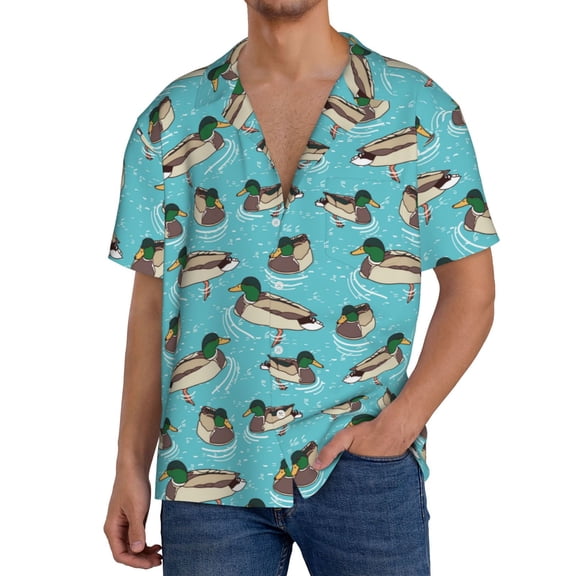 Gukieu Mallard Ducks Swimming In The Lake Print Men's Short-sleeved Shirts, Button-down Pocket Shirts, T-shirts, Beach Vacation Travel Summer Clothing-4X-Large