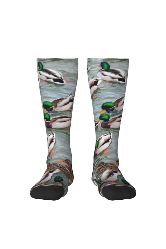 Mallard Ducks Swimming Print Contrast Color Stockings, Elastic Sports Socks Warm Socks Clothing Accessories, Adult Unisex