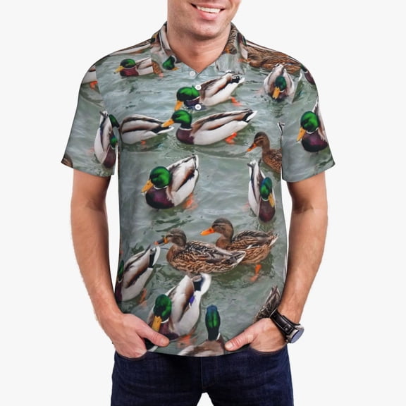 Gukieu Mallard Ducks Swimming Print Men's Quick-drying POLO Shirt, Button-down Summer T-shirt, Suitable for Work and Outdoor Activities-Small
