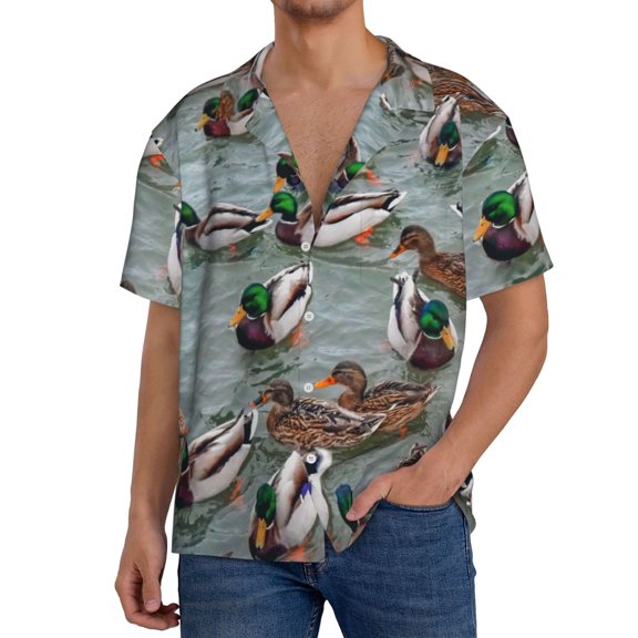 Gukieu Mallard Ducks Swimming Print Men's Short-sleeved Shirts, Button-down Pocket Shirts, T-shirts, Beach Vacation Travel Summer Clothing-Large