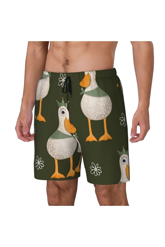 Mallard Ducks Wild Birds Print Men's Double Layer Sports Swim Trunks, Quick Dry Adjustable Waist Swim Shorts Swimwear-Medium