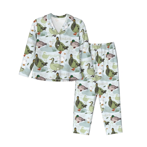 Gukieu Mallard Ducks Wild Birds Print Women's Long Sleeve Pajama Set, Button Top Elastic Pocket Pajama Pants Two Piece Set Home Wear-XX-Large