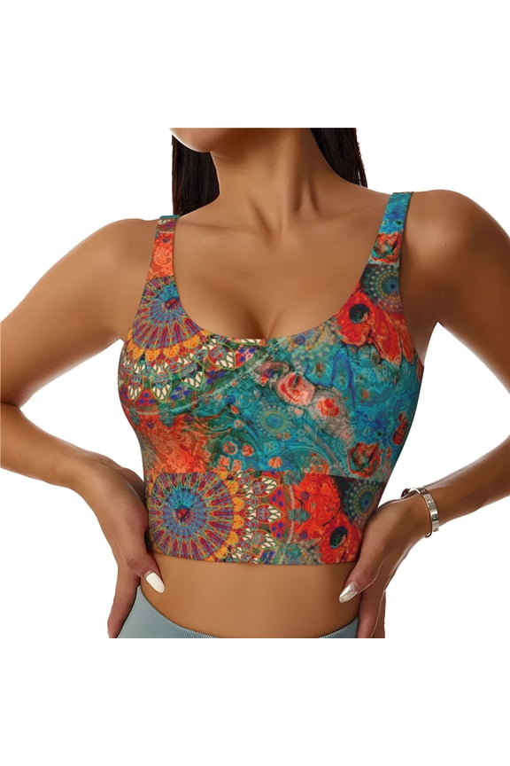 Mandala Colorful Print Women's Sports Vest, Low-neck U-shaped Removable Pad Sports Bra for Yoga, Exercise, Dance-Medium