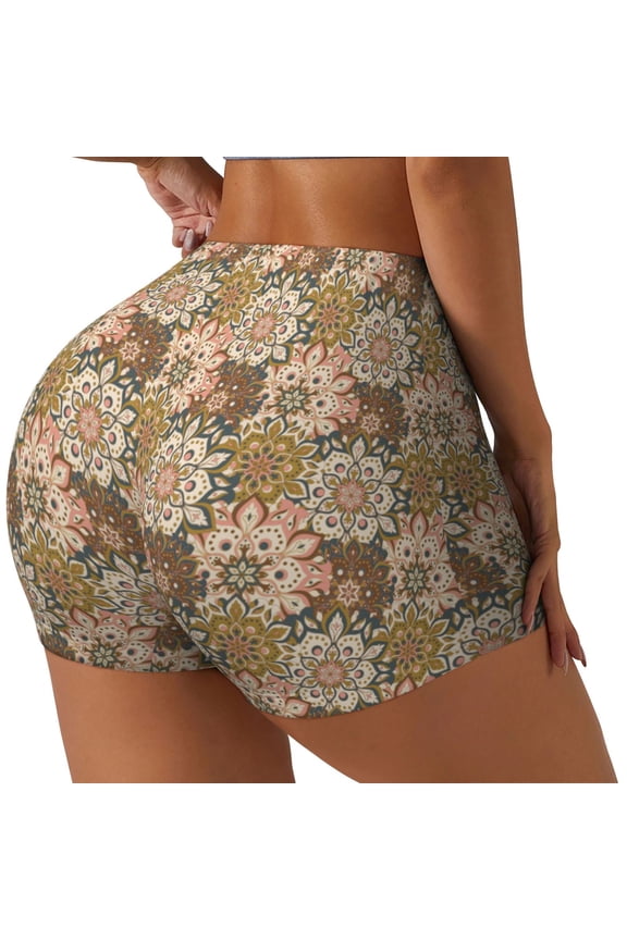 Mandala Print Women's Sports Shorts, Elastic Waist High Stretch Running Yoga Gym Sweatpants-X-Large