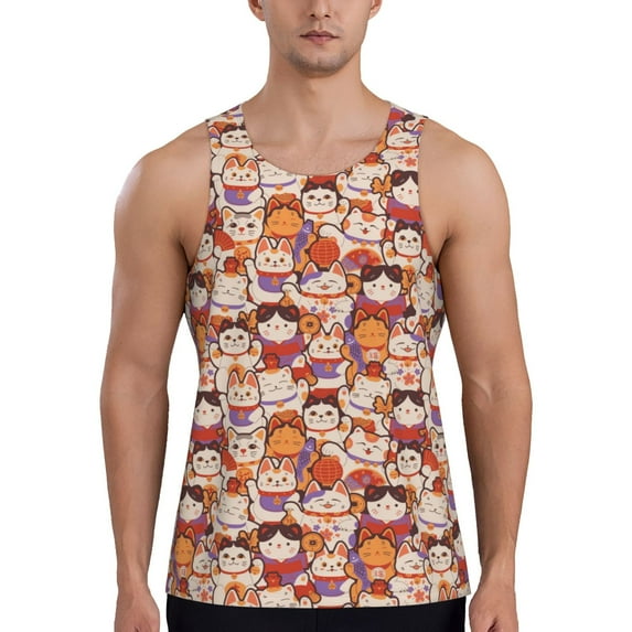 Gukieu Maneki-Neko Cats Print Men's Quick Dry Fitness Vest, Round Neck Sleeveless Fitness Bodybuilding Top-3X-Large