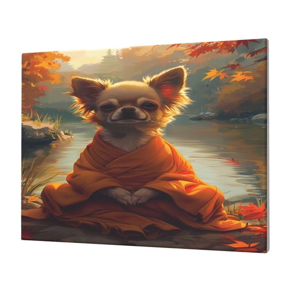 Gukieu Maple Leaf Meditating Chihuahua Print Horizontal Canvas Decorative Painting 12x16 Inch Shrinkage Resistant Frame Hanging Home Wall Art Decor