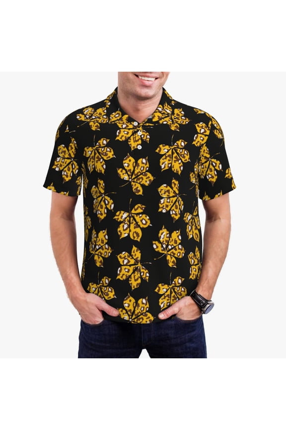 Maple Leaves With Leopard Print Men's Quick-drying POLO Shirt, Button-down Summer T-shirt, Suitable for Work and Outdoor Activities-Small