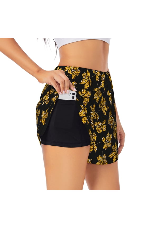 Maple Leaves With Leopard Print Women's Sports Shorts with Drawstring Elastic Waistband for Running, Yoga, Fitness-Medium