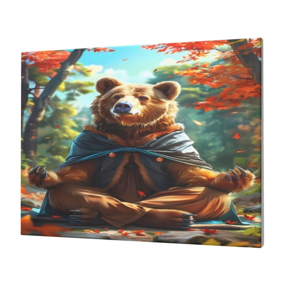 Gukieu Maple Meditating Bear Print Horizontal Canvas Decorative Painting 12x16 Inch Shrinkage Resistant Frame Hanging Home Wall Art Decor