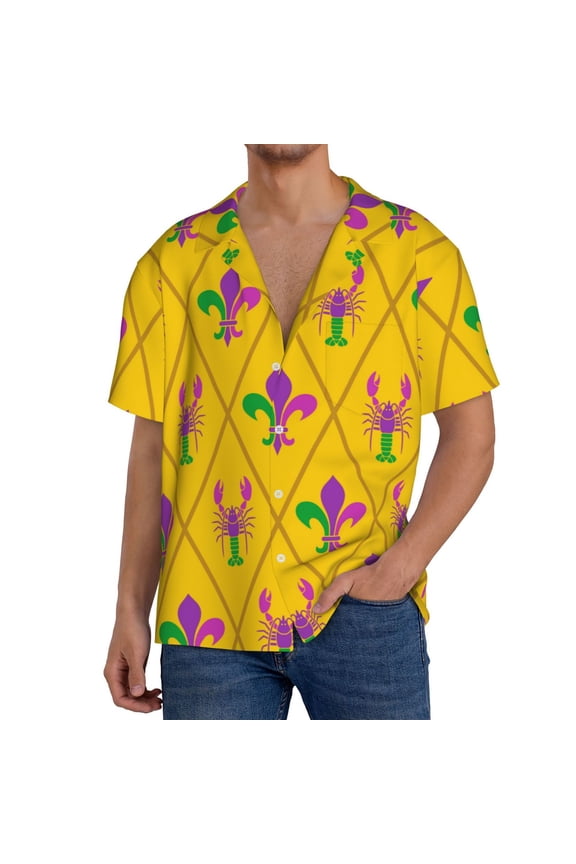 Mardi Gras Crayfish and Fleur de lis Print Men's Short-sleeved Shirts, Button-down Pocket Shirts, T-shirts, Beach Vacation Travel Summer Clothing-Large
