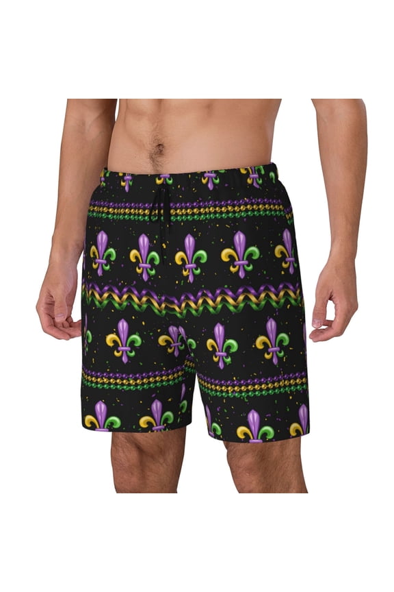 Mardi Gras Fleur de Lis Print Men's Double Layer Sports Swim Trunks, Quick Dry Adjustable Waist Swim Shorts Swimwear-X-Large