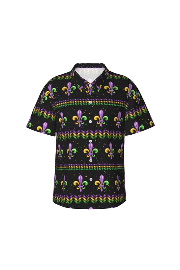 Mardi Gras Fleur de Lis Print Men's Short-sleeved Shirts, Button-down Lapel Hawaiian Shirts, T-shirts, Beach Vacation Summer Casual Wear,Small