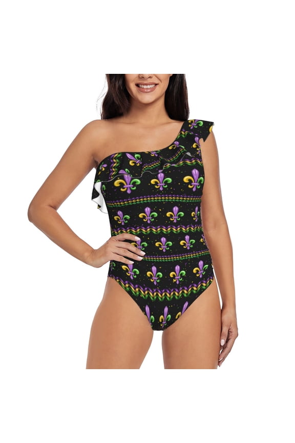Mardi Gras Fleur de Lis Print One-shoulder Ruffled One-piece Swimsuit with Removable Chest Pads and Tummy-control Swimsuit for Women-X-Large