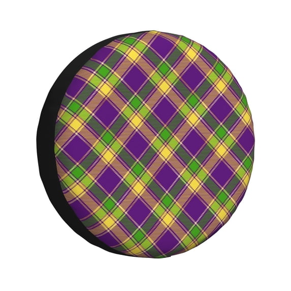 Gukieu Mardi Gras Plaid Print Car Tire Cover, Adjustable Waterproof and Dustproof Tire Protection Cover, Suitable for SUV, Truck, Van-16 inch