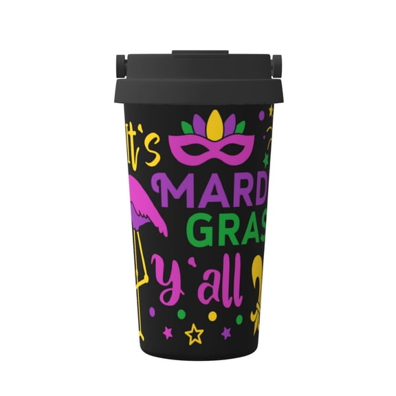 Gukieu Mardi Gras with Flamingo Print Insulated Coffee Cup, Portable Stainless Steel Vacuum Cup with Lid, Unisex, Suitable for Office, Cafe, Car