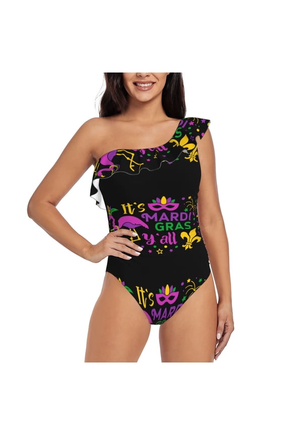 Mardi Gras with Flamingo Print One-shoulder Ruffled One-piece Swimsuit with Removable Chest Pads and Tummy-control Swimsuit for Women-XX-Large