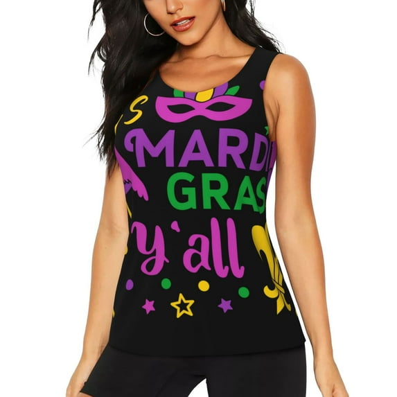Gukieu Mardi Gras with Flamingo Print Women's Quick-drying Fitness Vest, Round Neck Sleeveless Fitness T-shirt, Suitable for Yoga, Sports-Large
