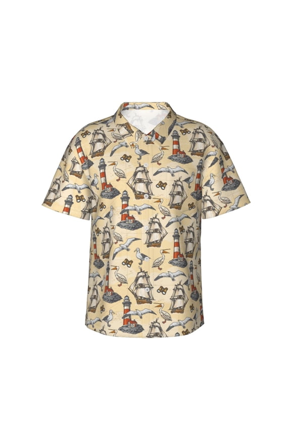 Marine Birds And Coastal Lighthouse Print Men's Short-sleeved Shirts, Button-down Lapel Hawaiian Shirts, T-shirts, Beach Vacation Summer Casual Wear,Small