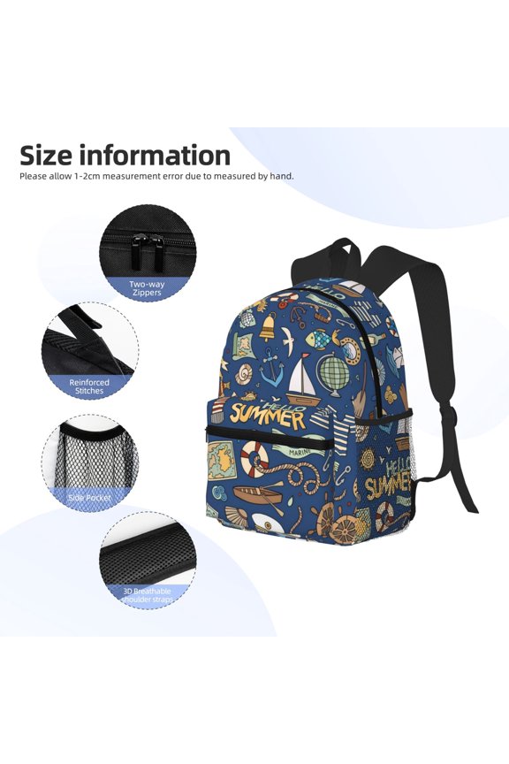 Marine Nautical Print Backpack, Waterproof Backpack with Adjustable Shoulder Straps, Suitable for Campus, Business, Travel, Unisex