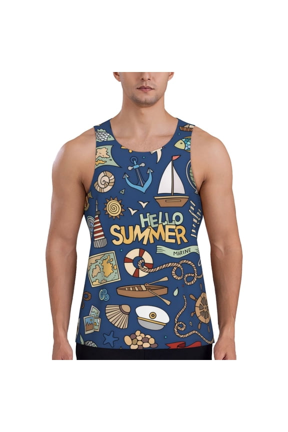 Marine Nautical Print Men's Quick Dry Fitness Vest, Round Neck Sleeveless Fitness Bodybuilding Top-