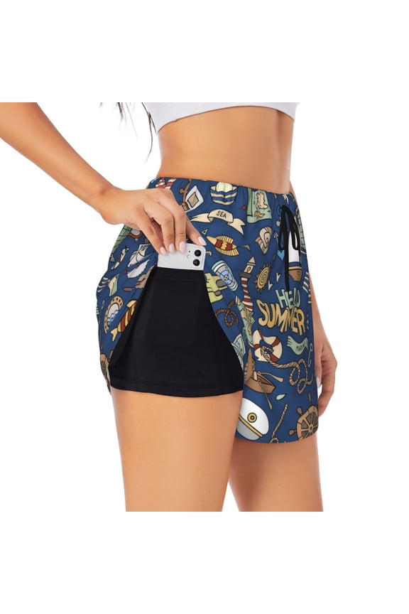Marine Nautical Print Women's Sports Shorts with Drawstring Elastic Waistband for Running, Yoga, Fitness-Medium