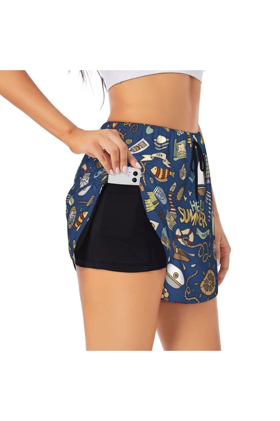 Marine Nautical Print Women's Sports Shorts with Drawstring Elastic Waistband for Running, Yoga, Fitness-Small