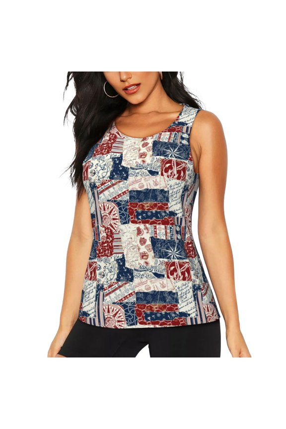 Marine Sailing Print Women's Quick-drying Fitness Vest, Round Neck Sleeveless Fitness T-shirt, Suitable for Yoga, Sports-X-Large