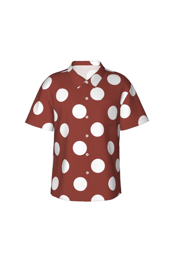 Maroon And White Polka Dot Print Men's Short-sleeved Shirts, Button-down Lapel Hawaiian Shirts, T-shirts, Beach Vacation Summer Casual Wear,X-Large