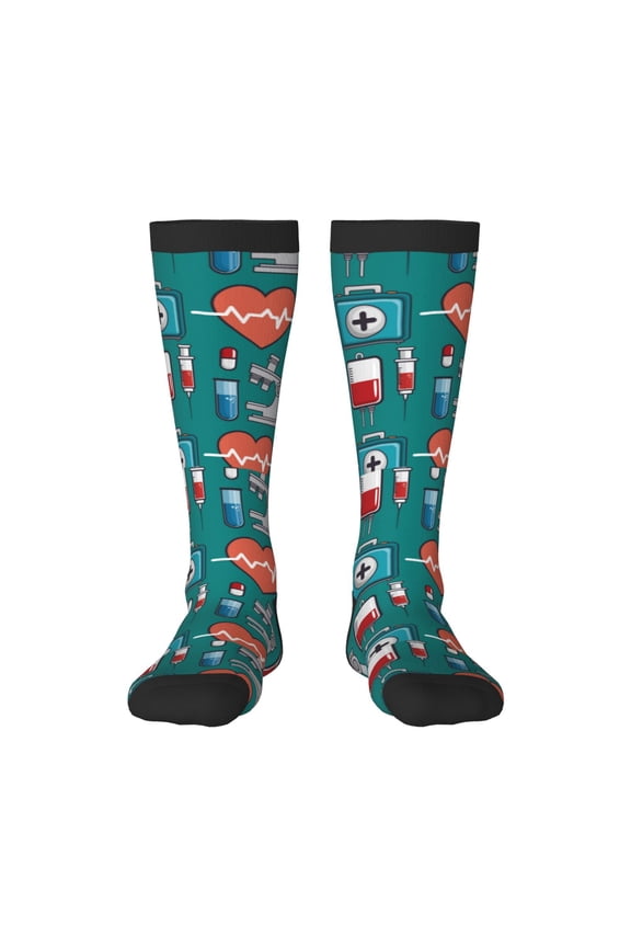 Medical Elements Print Contrast Color Stockings, Elastic Sports Socks Warm Socks Clothing Accessories, Adult Unisex