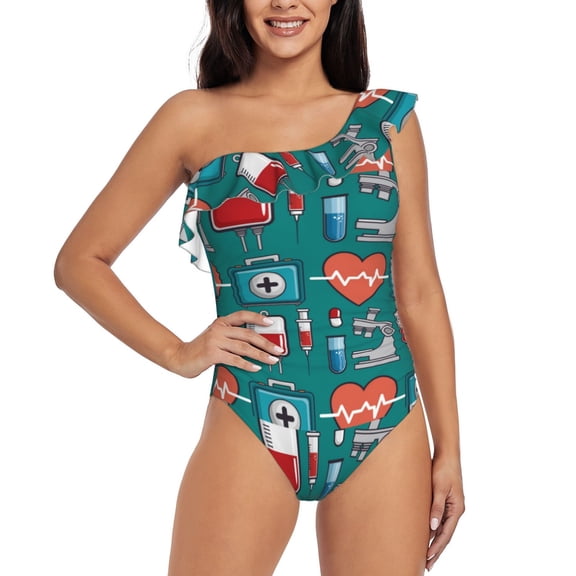 Gukieu Medical Elements Print One-shoulder Ruffled One-piece Swimsuit with Removable Chest Pads and Tummy-control Swimsuit for Women-Small